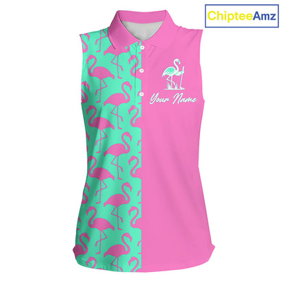 Front view of women’s sleeveless golf polo shirt with pink and green flamingos pattern