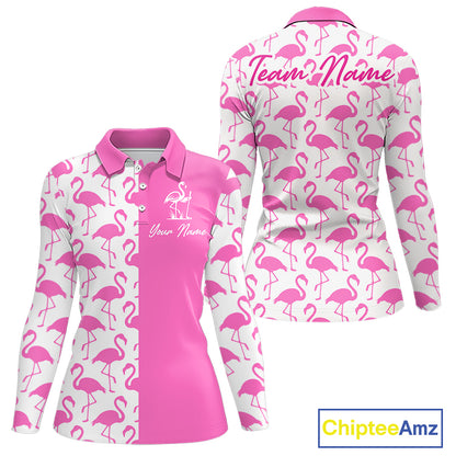 Front and back view of women’s long sleeve golf polo shirt with pink and white flamingos pattern and personalized name