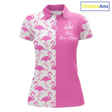 Load image into Gallery viewer, Front view of women’s golf polo shirt with pink and white flamingos pattern