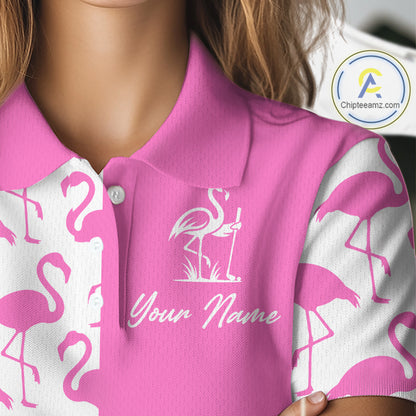 Close-up of pink and white flamingos pattern on women’s golf polo shirt