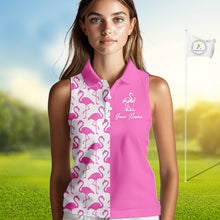 Load image into Gallery viewer, Woman wearing a pink and white flamingo pattern sleeveless golf polo shirt with custom name on the chest