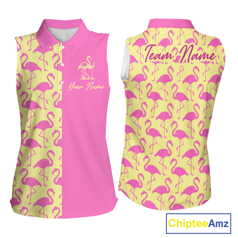 Front and back view of women’s sleeveless golf polo shirt with pink and yellow flamingos pattern and personalized name