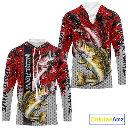 Red Camo Custom Walleye Fishing Shirts with Hood For Men, Walleye Fishing Team Shirts NBT441