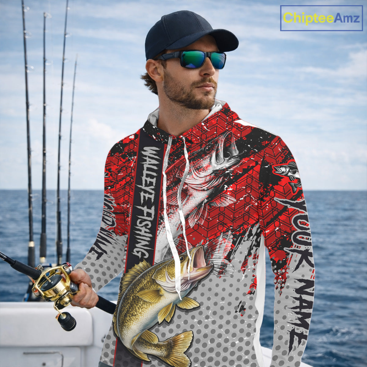 Red Camo Custom Walleye Fishing Shirts with Hood For Men, Walleye Fishing Team Shirts NBT441