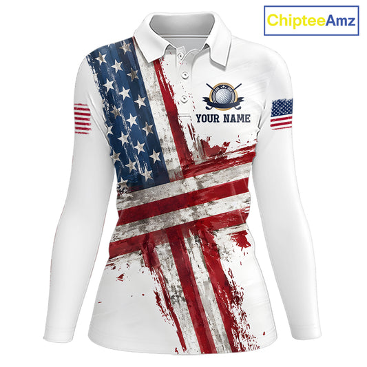 Custom US Golf Polo Shirt American Flag White Golf Shirts For Women, Patriotic Golf Shirt NBT701
