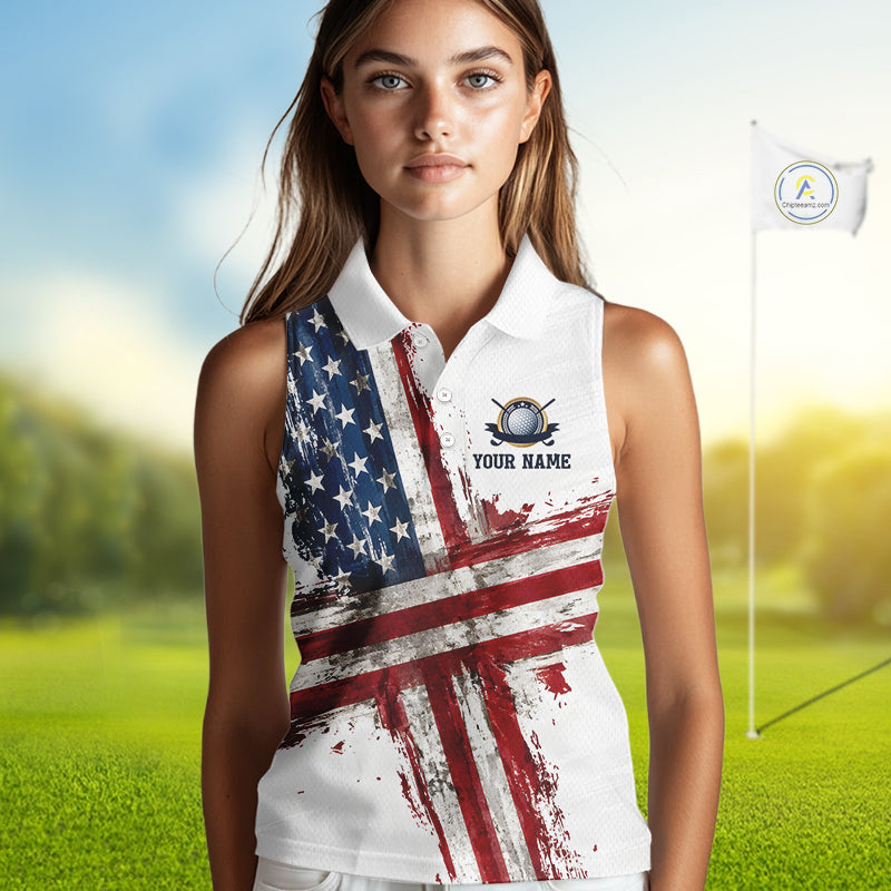 Custom US Sleeveless Golf Polo Shirt American Flag White Golf Shirts For Women, Patriotic Golf Shirt NBT701