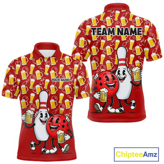 Funny Red Beer Pattern Bowling Polo & 1/4 Quarter Zip Shirt Custom Bowling League Team Shirts NBT953