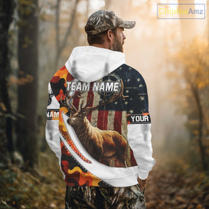 Blaze Orange Camo Elk Hunting Hoodie, Longsleeve Shirt for Men, Custom Name NBT06