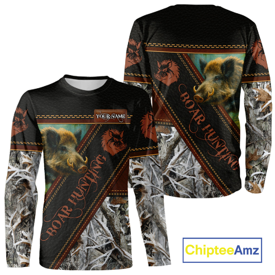 Wild Boar Hunting Black Camo Snow Winter 3D All Over Printed Shirts Custom Name Hunting Gift NHT103