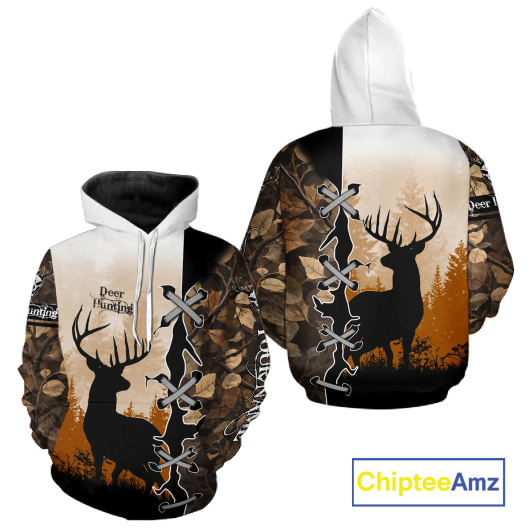 Whitetail Buck Hunting Hoodie, Longsleeve Shirt, Autumn Brown Camo, Perfect Hunter Gifts NBT15