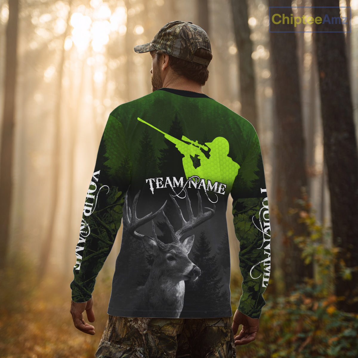 Deer Hunting Shirt Deerholic Hunter Silhouette – Green Camo Big Game Rifle for Men NBT25