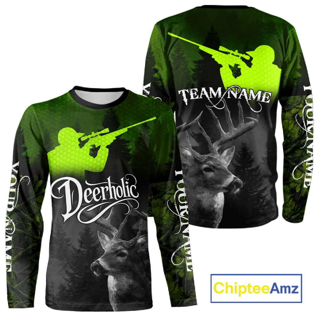 Deer Hunting Shirt Deerholic Hunter Silhouette – Green Camo Big Game Rifle for Men NBT25