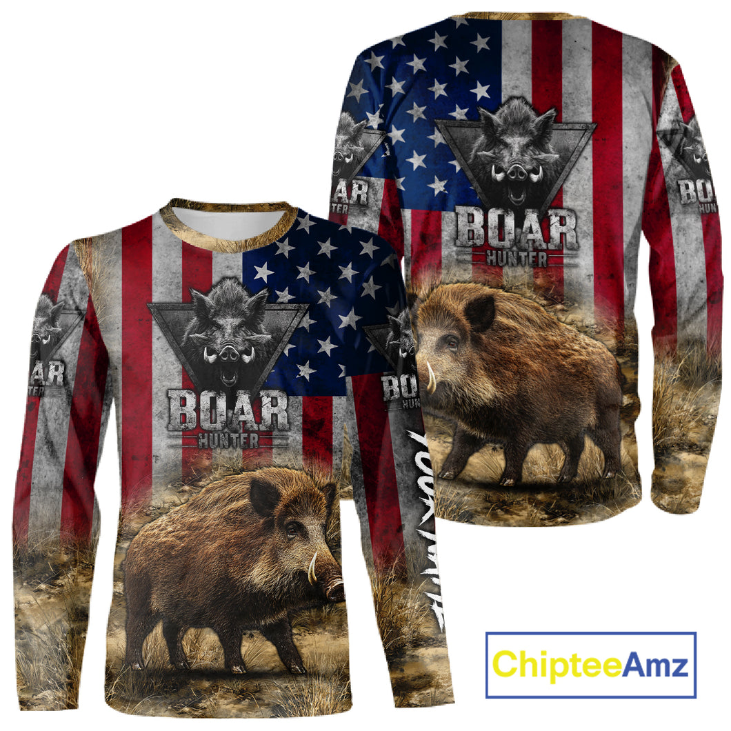 American Flag Wild Boar Camo Custom Name 3D Shirts, Boar Hunting Clothes for Hunters NBT132