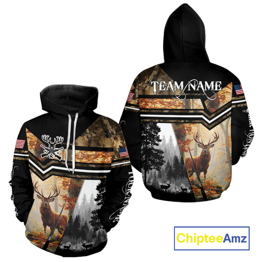 Red Deer Hunting Autumn Camo Custom Name American Flag - Best Gift Ideas for Hunters NBT40