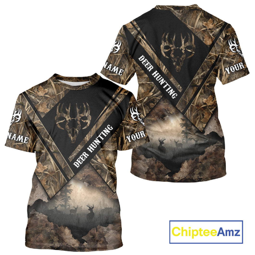 Deer Hunting Shirt Custom Name 3D All Over Print with Deer Skull & Brown Camo For Deer Hunters NBT79