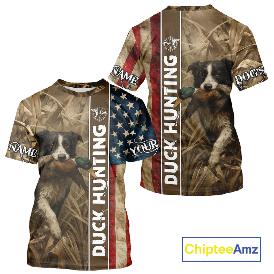 Border Collies Duck Hunting Waterfowl Camo US Flag Shirts, Custom Name Shirts, Hunting Gifts NBT96