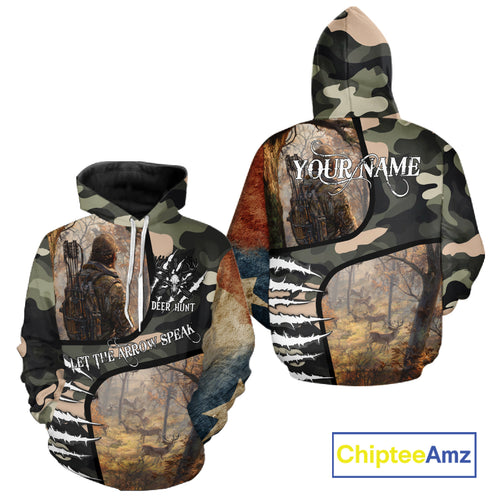 Camouflage Bow Hunting Custom Name Hoodie, Longsleeve Shirt, Perfect for Deer Season NBT08