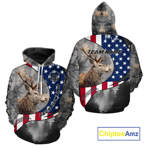 American Flag Grey Camo Deer Hunting Shirt - Personalized Gift for Hunters NBT19