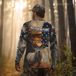American Flag Camouflage Red Deer Hunting Shirts – Custom Name Hunting Clothes for Men NBT39