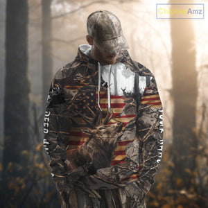 Best Elk Hunting Camo Shirt with Big Buck and US Flag – Hunting Apparel for Men, Hunter Gifts NBT51