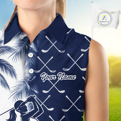 Blue Tropical Palm Trees Golf Club Pattern Womens Sleeveless Golf Polo Shirts Custom Team Golf Shirt NBT567