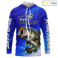 Load image into Gallery viewer, Blue Camo Bass Long Sleeve Hooded Fishing Shirts Thunder Light, Custom Name Bass Fishing Shirts NBT455