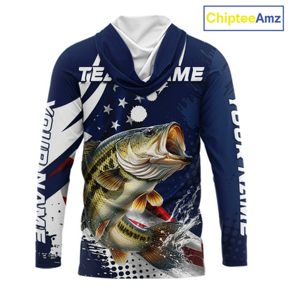 Bass Fishing American Flag Custom Long Sleeve Hooded Tournament Fishing Shirts, Patriotic Bass Fishing Jerseys NBT717