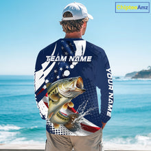 Load image into Gallery viewer, Bass Fishing American Flag Custom Long Sleeve Tournament Fishing Shirts, Patriotic Bass Fishing Jerseys NBT717