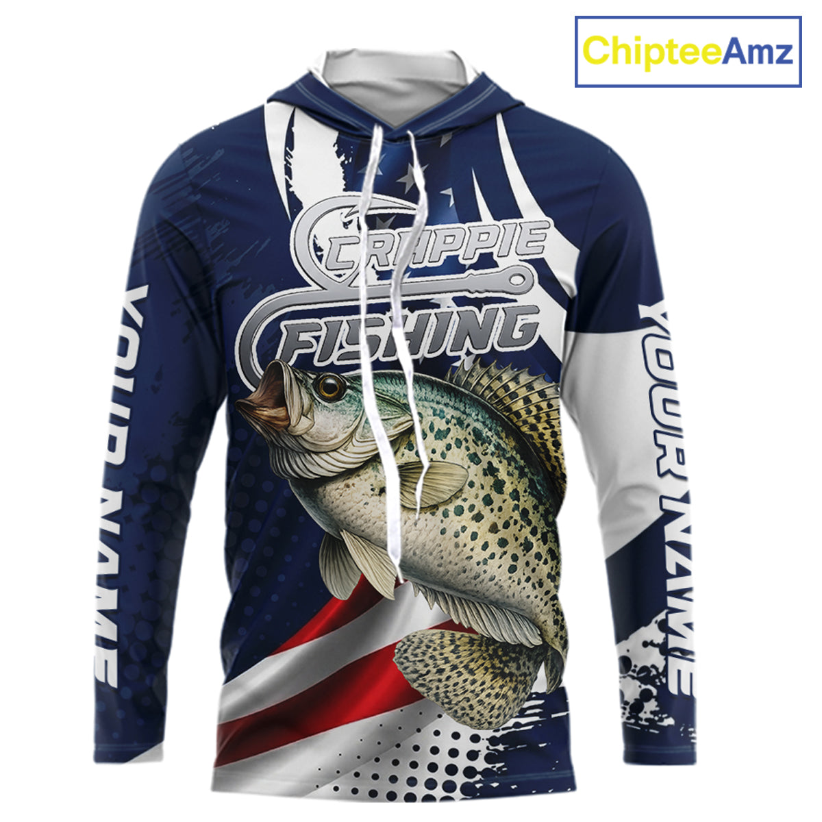 Crappie Fishing American Flag Custom Long Sleeve Hooded Tournament Fishing Shirts, Patriotic Crappie Fishing Jerseys NBT719