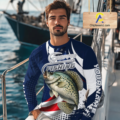 Crappie Fishing American Flag Custom Long Sleeve Tournament Fishing Shirts, Patriotic Crappie Fishing Jerseys NBT719