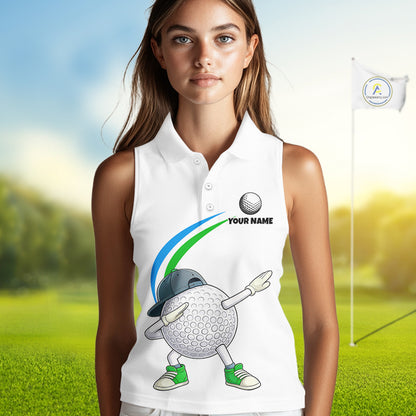 White Funny Golf Ball Custom Team Polo Shirt, Personalized Womens Sleeveless Golf Polo Shirt, Golf Lovers Gift NBT603