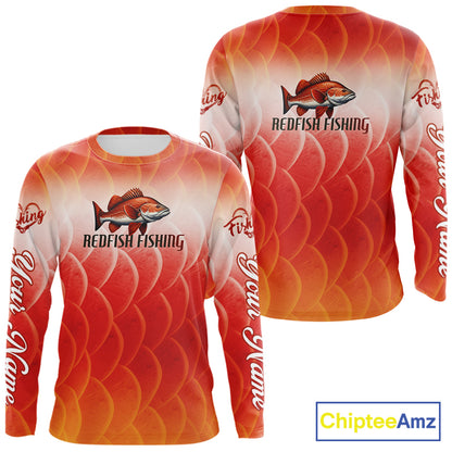 Custom Redfish Long Sleeve Fishing Shirts Fish Scale Red, Redfish Fly Fishing Performance Shirt NBT376