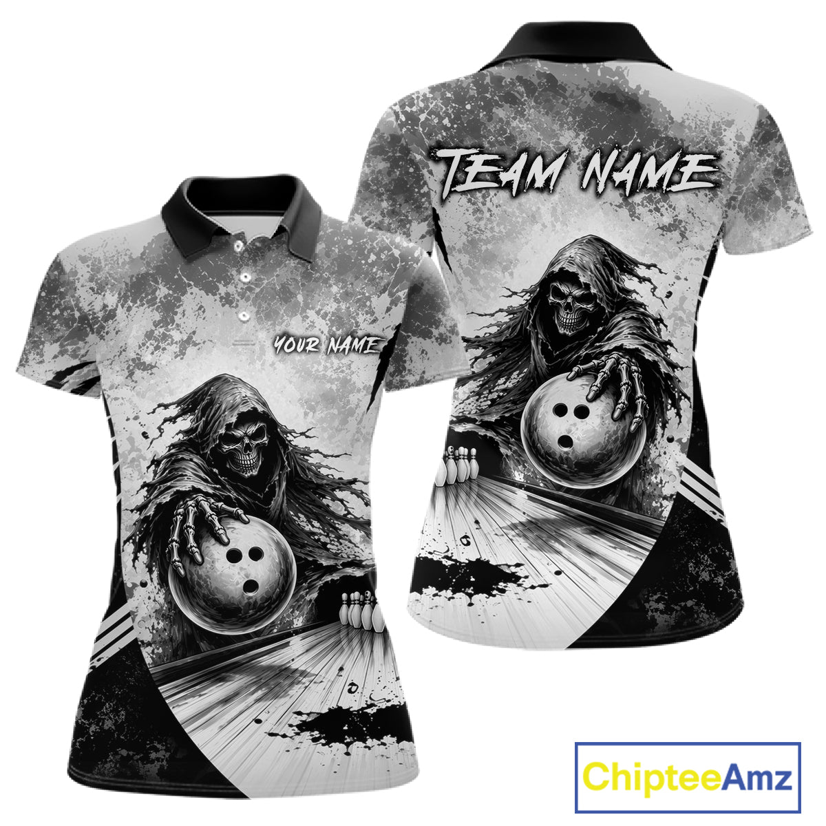 Custom Gray Camo Skeleton Grim Reaper Bowling Women Quarter-Zip Shirt, Halloween Bowling Jersey NBT911