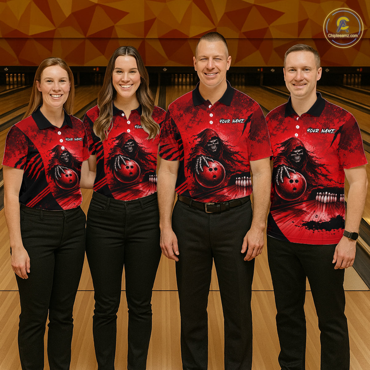 Custom Red Camo Skeleton Grim Reaper Bowling Men Quarter-Zip Shirt, Halloween Bowling Jersey NBT912