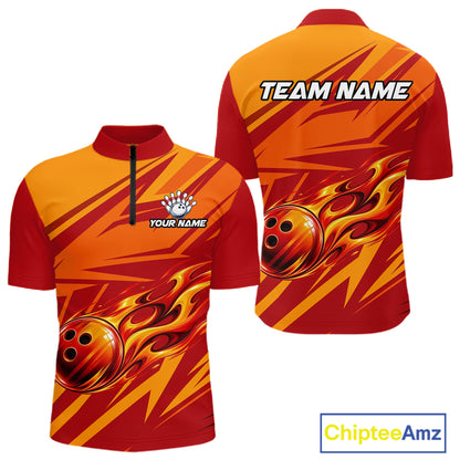 Red Orange Custom Flame Bowling Polo & 1/4 Quarter Zip Shirts For Men, Fire Bowling Team Jersey NBT982