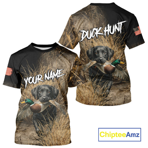 Custom Duck Hunting with Black Labrador Retriever US Flag Camo Shirts, Duck Hunting Clothes for Men NBT130