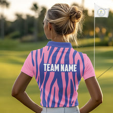 Load image into Gallery viewer, front view of pink and blue animal print womens long sleeve golf polo