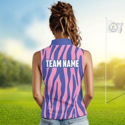 woman in pink and blue animal print golf polo shirt with team name 