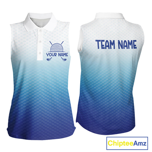 Blue White Womens Sleeveless Polo Golf  Shirts Custom Name Golf Shirt For Women, Golf Team Clothes NBT504