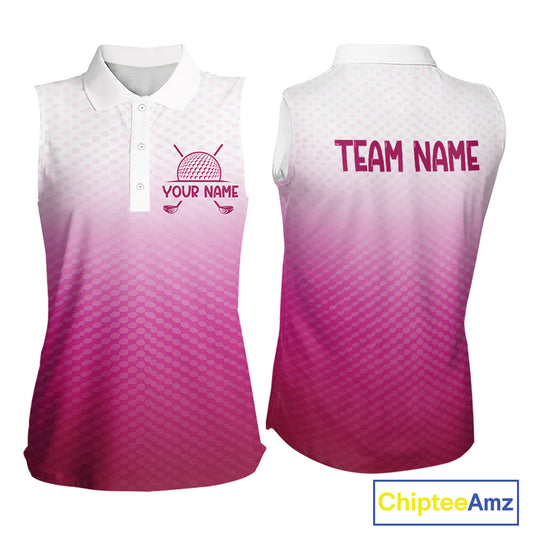 Pink White Womens Sleeveless Polo Golf  Shirts Custom Name Golf Shirt For Women, Golf Team Clothes NBT505