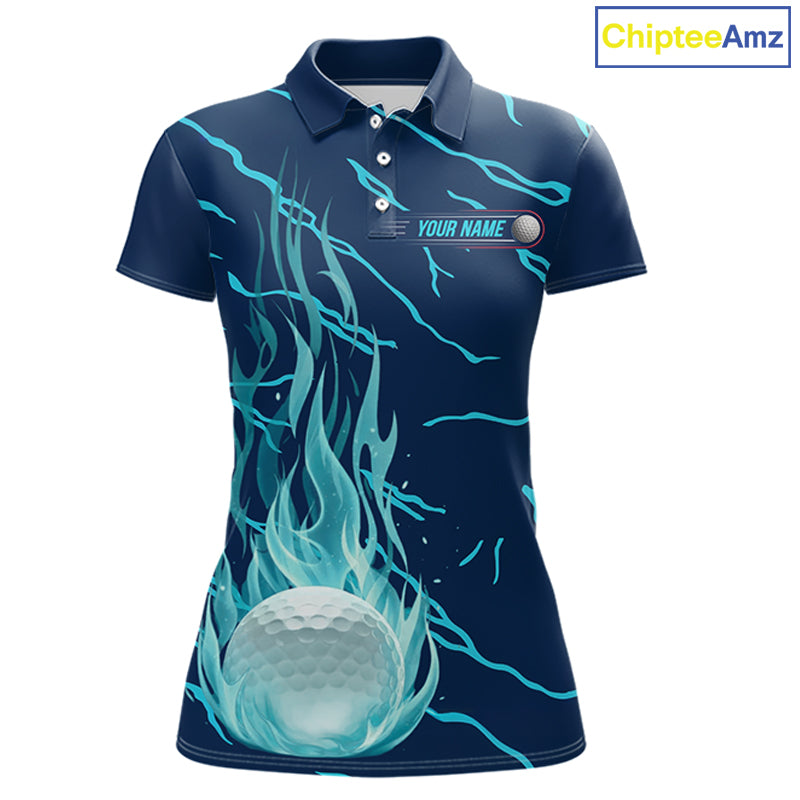 front view of green flame golf balls womens golf polo shirt for ladies