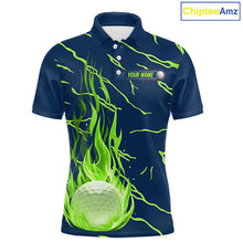 Load image into Gallery viewer, Golf balls green flame pattern mens golf polo shirt - front view