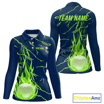 front and back view of long sleeve green flame golf balls womens golf polo shirt for ladies