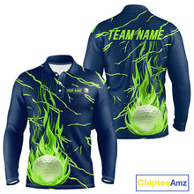 Load image into Gallery viewer, Golf balls green flame pattern mens long sleeve golf polo shirt - back view