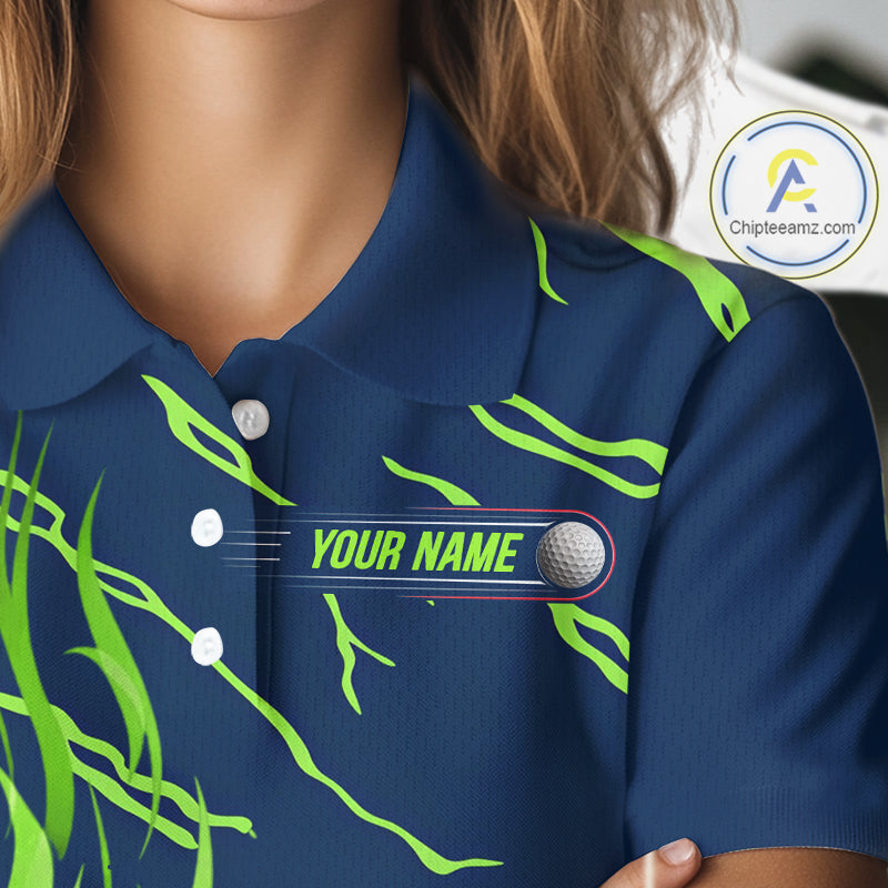 close up of green flame golf balls print on womens golf polo shirt