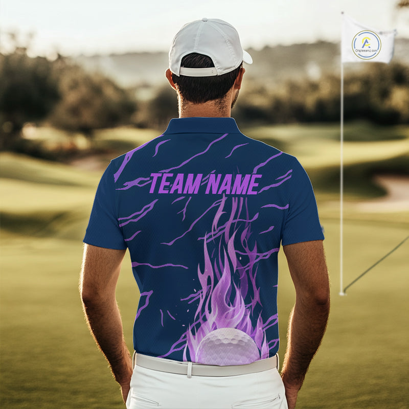Purple flame golf balls pattern on mens golf polo shirt