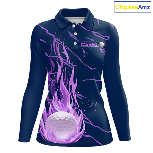 front view of long sleeve purple flame golf balls womens golf polo shirt for ladies