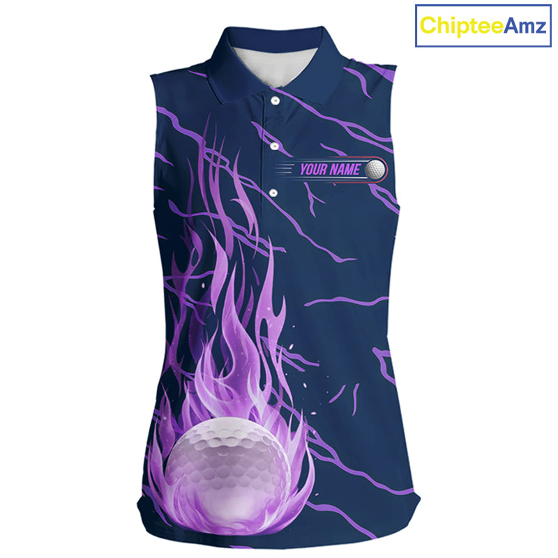 front view of purple flame golf balls womens sleeveless golf polo shirt for ladies