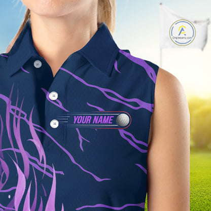woman golfer in purple flame womens sleeveless golf polo with matching golf outfit