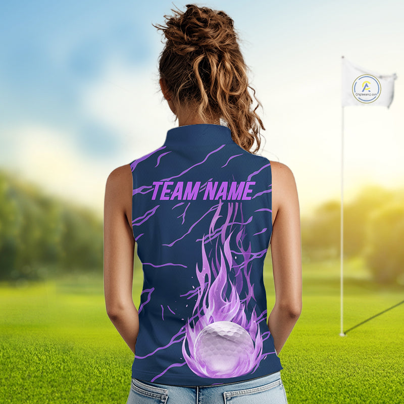 woman golfer in purple flame womens sleeveless golf polo with team name for golf lover